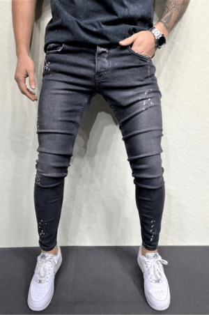 Spodnie jeansowe męskie rurki czarne z plamami farby