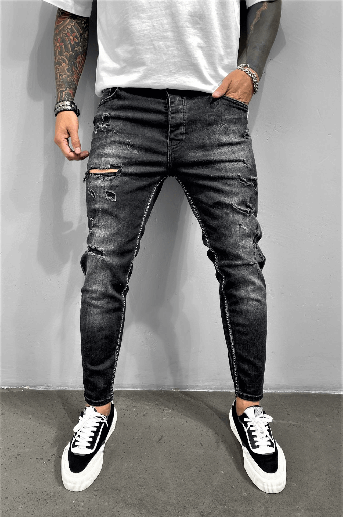 Spodnie męskie jeansowe rurki czarne z przetarciami