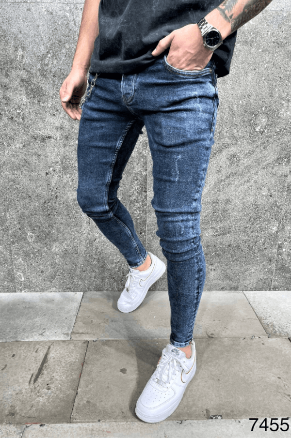Spodnie jeansowe męskie rurki niebieskie z łańcuchem