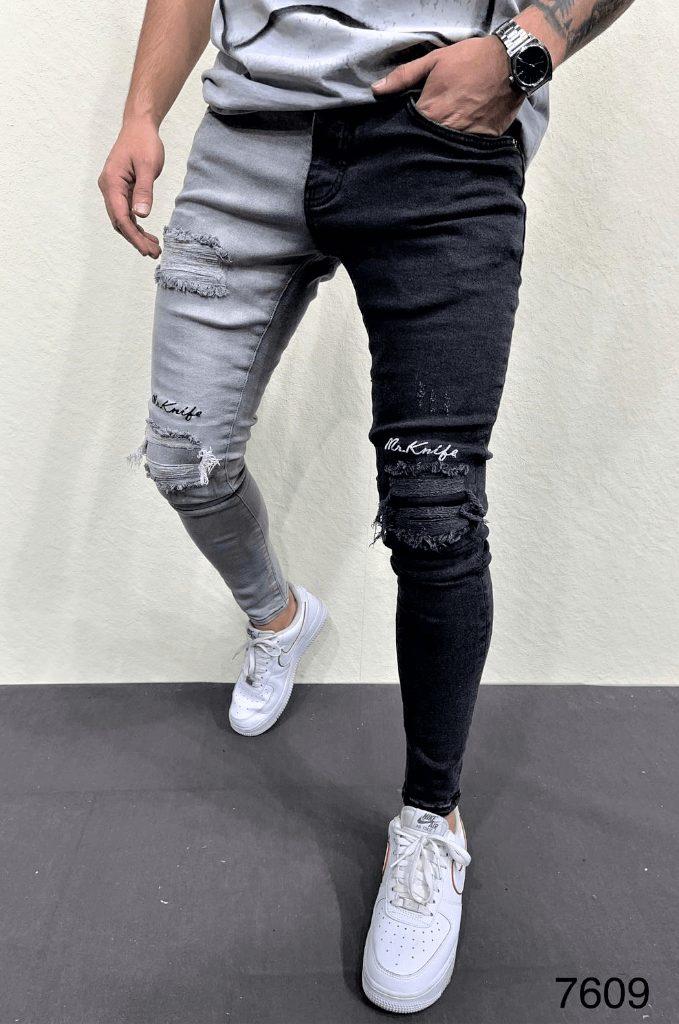 Spodnie jeansowe męskie rurki slim fit czarne i szare z dziurami w kolanach