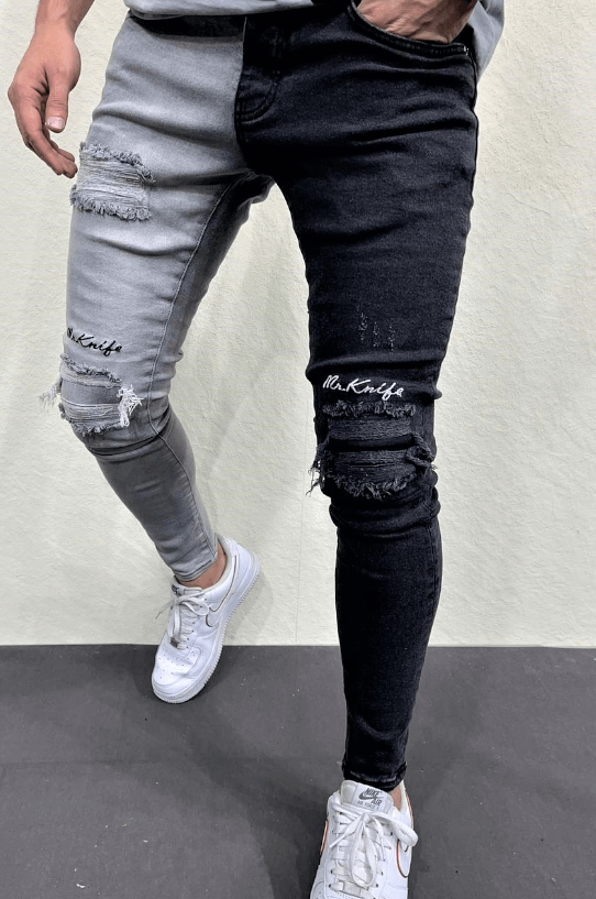 Spodnie jeansowe męskie rurki slim fit czarne i szare z dziurami w kolanach