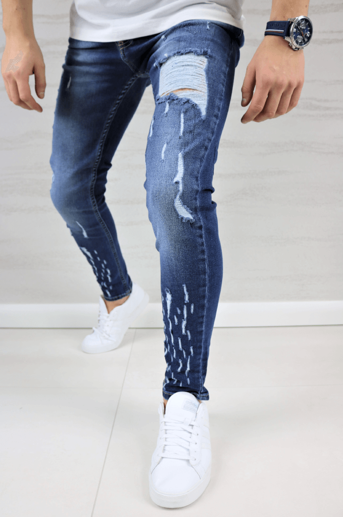 Spodnie jeansowe męskie slim fit niebieskie z przetarciami i dziurami