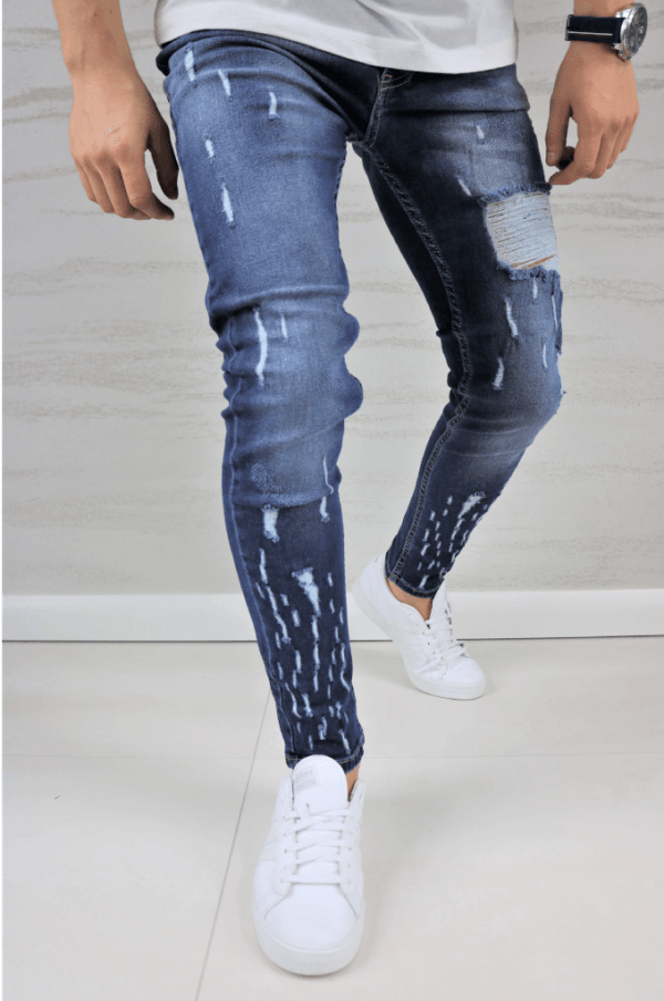 Spodnie jeansowe męskie slim fit niebieskie z przetarciami i dziurami