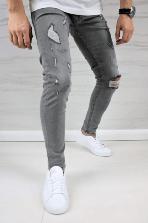 Spodnie jeansowe męskie slim fit szare z dziurami