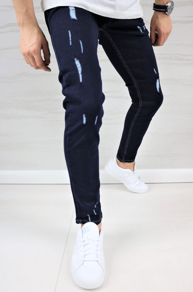 Spodnie jeansowe męskie ciemno niebieskie slim fit z przetarciami
