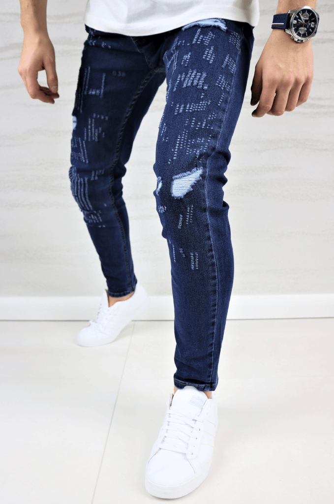 Spodnie jeansowe męskie ciemno niebieskie slim fit z przetarciami