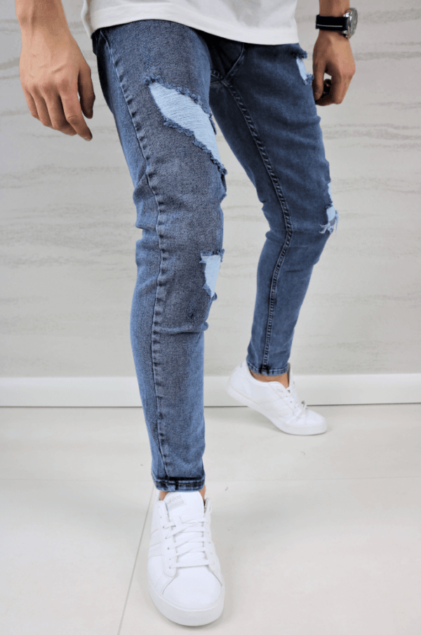 Spodnie jeansowe męskie niebieskie z dziurami i przetarciami
