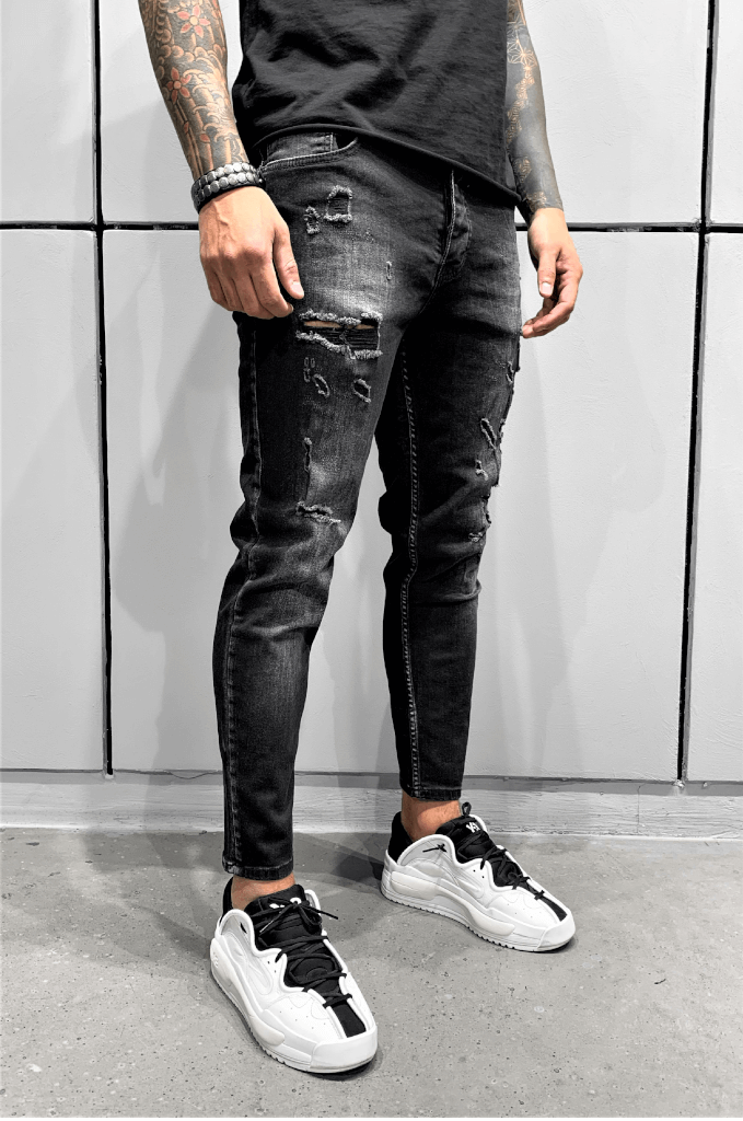 Spodnie męskie jeansowe rurki czarne z przetarciami
