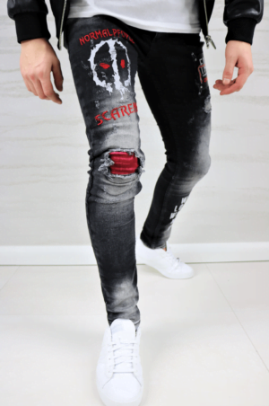 Spodnie jeansowe męskie z nadrukiem czarne