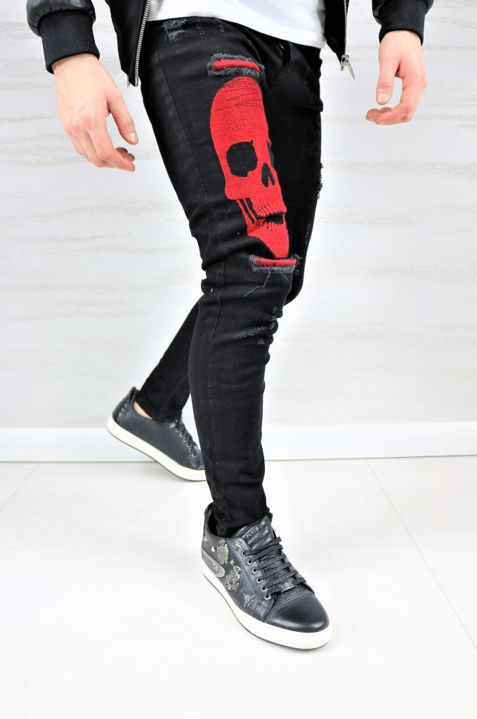 Spodnie jeansowe męskie z nadrukiem czarne w wzór czaszki
