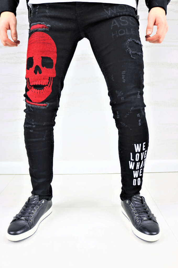 Spodnie jeansowe męskie z nadrukiem czarne w wzór czaszki