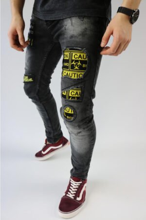 Spodnie jeansowe męskie rurki z zółtymi naszywkami