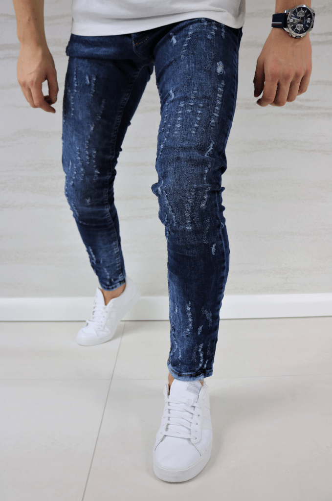 Spodnie jeansowe męskie rurki niebieskie z przetarciami