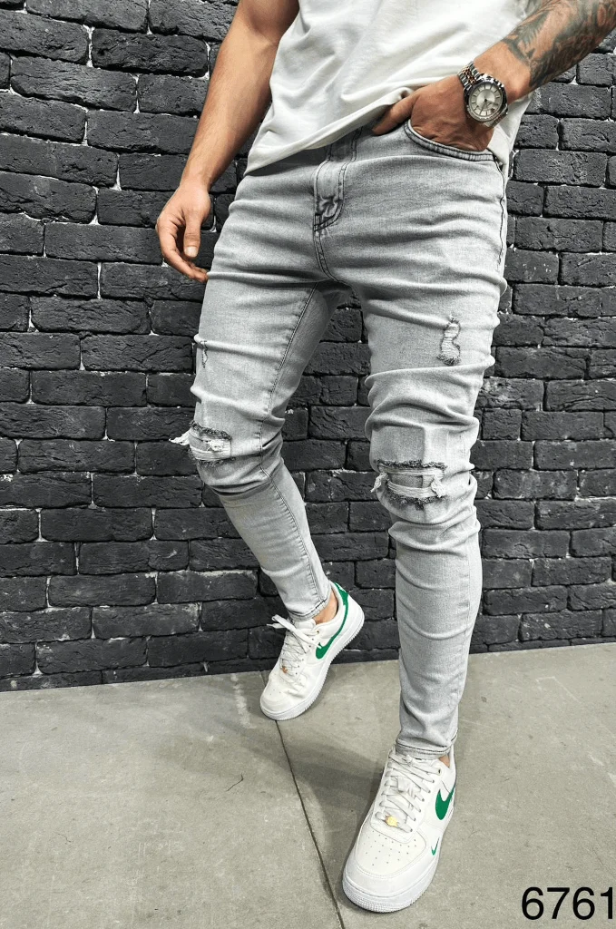Spodnie jeansowe męskie szare rurki slim fit z dziurami na kolanach