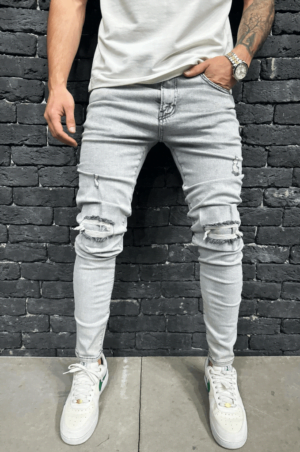 Spodnie jeansowe męskie szare rurki slim fit z dziurami na kolanach