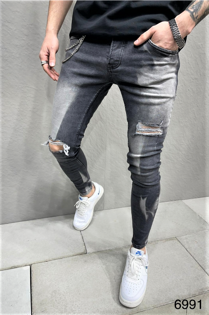 Spodnie męskie jeansowe rurki szare z dziurami na kolanach