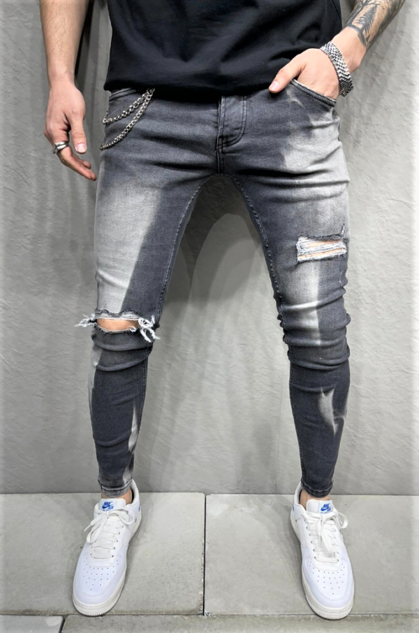 Spodnie męskie jeansowe rurki szare z dziurami na kolanach