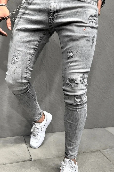 Spodnie męskie jeansowe szare z przetarciami i łańcuchem