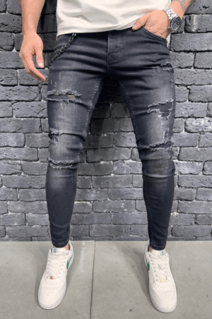 Spodnie jeansowe męskie w czarnym kolorze rurki z łańcuchem i dziurami na kolanach