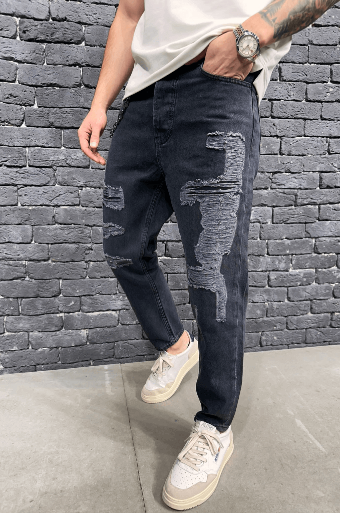 Spodnie Jeansowe męskie baggy szzerokie w kroku nogawki w kolorze czarnym z łańcuchem i dziurami