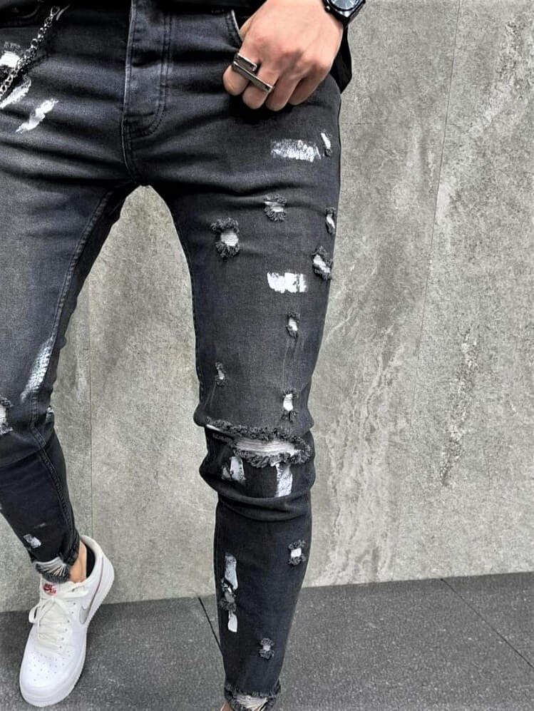 Spodnie jeansowe męskie czarne rurki z plamami farby
