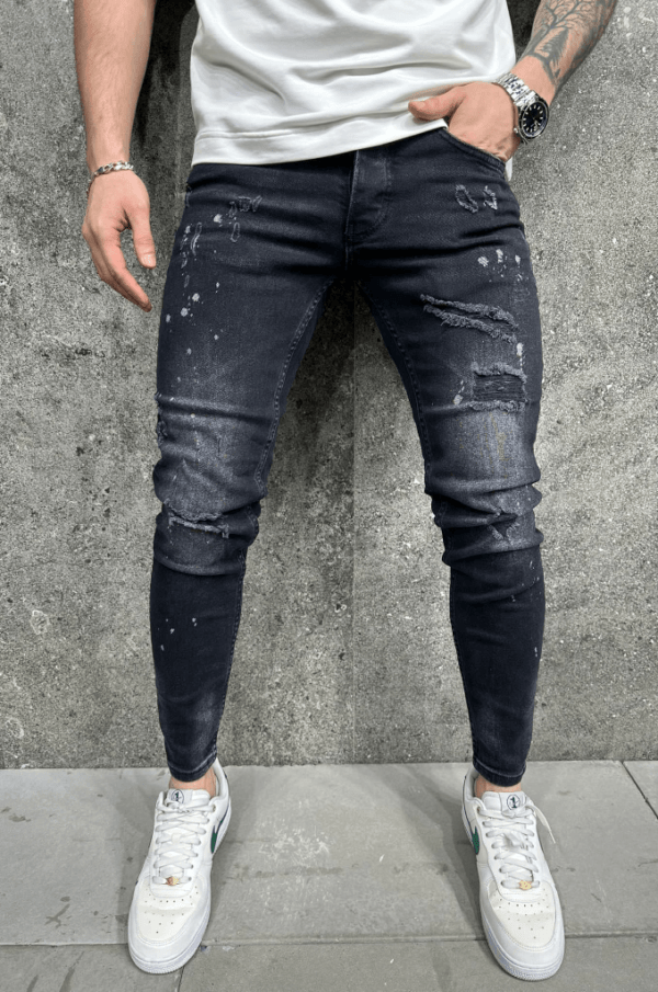 Spodnie jeansowe męskie czarne z przetarciami i plamami farby