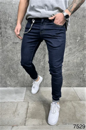 Spodnie jeansowe męskie rurki slim fit niebieskie z łańcuchem