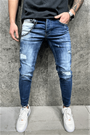 Spodnie jeansowe męskie z dziurami i przebarwieniami i łańcuchem