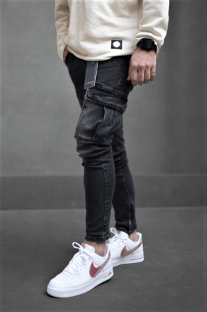 Spodnie jeansowe męskie bojówki czarne z dodatkową kieszenią