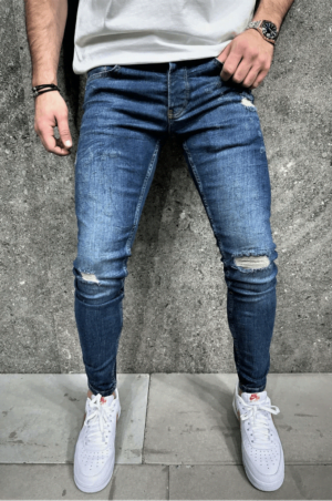 Spodnie męskie jeansowe z dziurami na kolanach niebieskie