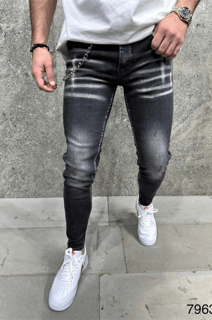 Spodnie jeansowe męskie slim fit czarne z łańcuchem i przebarwieniami