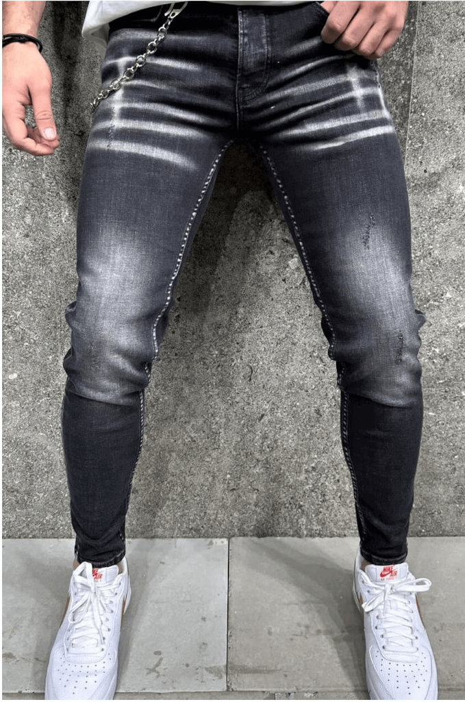 Spodnie jeansowe męskie slim fit czarne z łańcuchem i przebarwieniami