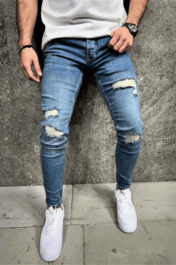 Spodnie jeansowe męskie niebieskie z dziurami na kolanach