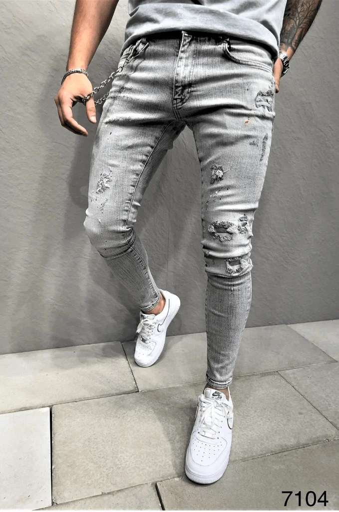 Spodnie męskie jeansowe rurki szare z przetarciami i łańcuchem