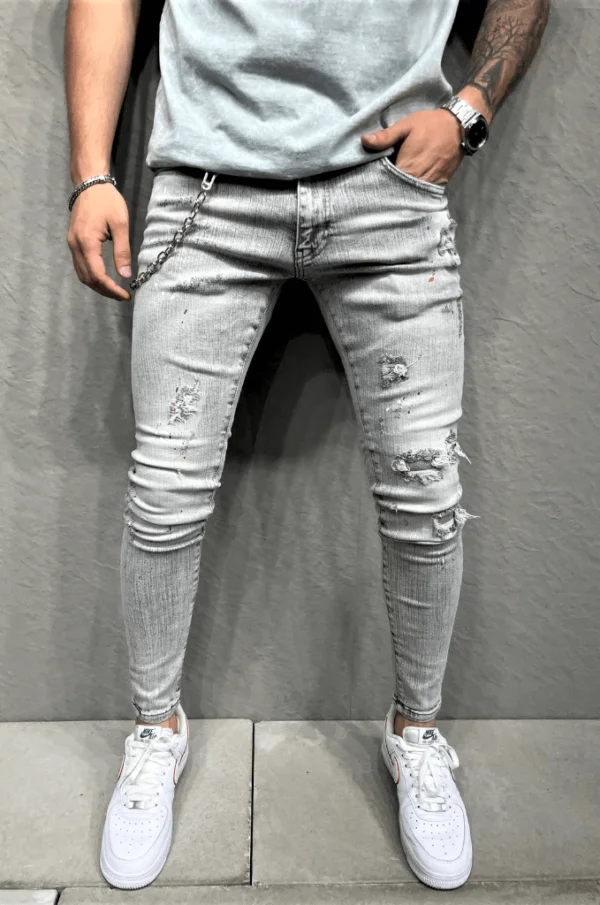 Spodnie męskie jeansowe rurki szare z przetarciami i łańcuchem