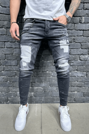 Spodnie Jeansowe Męskie Szare z plamami farby i łatami
