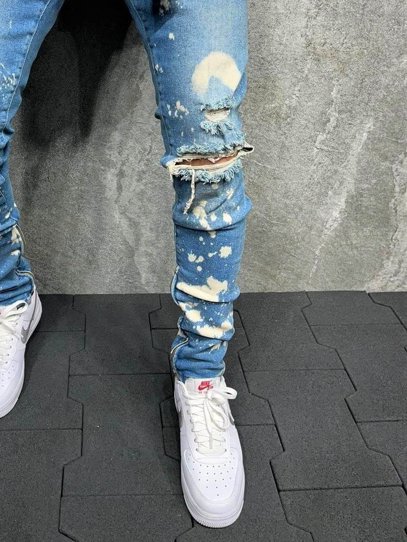 Spodnie męskie jeansowe z plamami farby