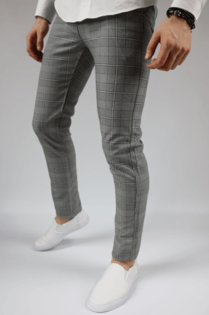 Eleganckie materiałowe spodnie męskie szare w kratę