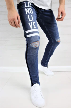 Spodnie jeansowe męskie slim fit niebieskie z przetarciami i dziurami w kolanach