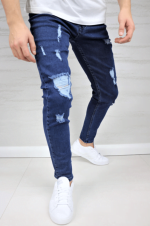 Spodnie jeansowe męskie rurki niebieskie z dziurami w kolanach
