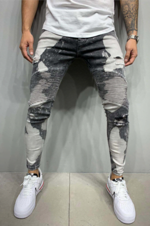 Spodnie jeansowe męskie szare rurki z białymi plamami farby