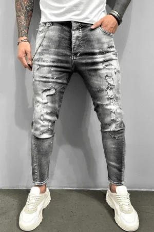Spodnie męskie jeansowe szare z przetarciami i łańcuchem