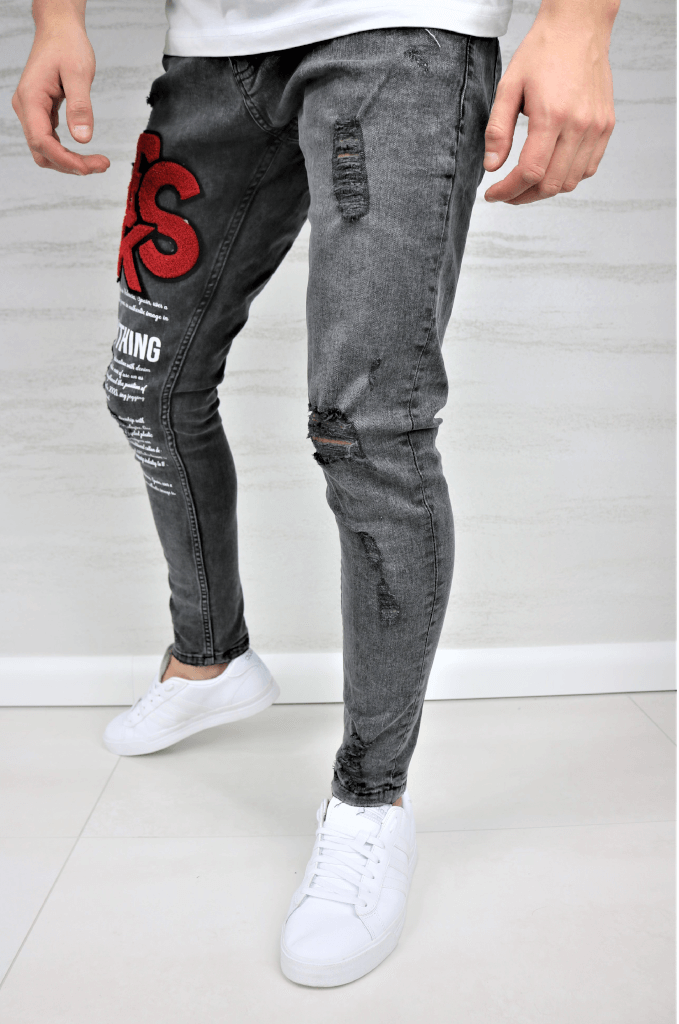 Spodnie jeansowe męskie szare z białymi napisami